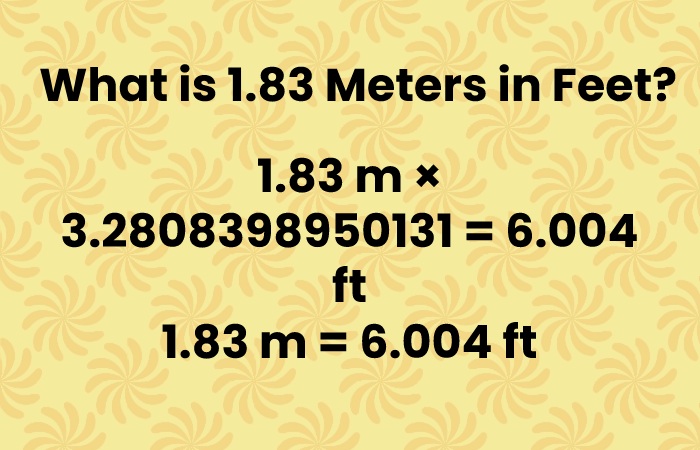 1.83 m × 3.2808398950131 = 6.004 ft 1.83 m = 6.004 ft