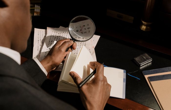 A detective examines encrypted documents with a magnifying glass in moody lighting.
