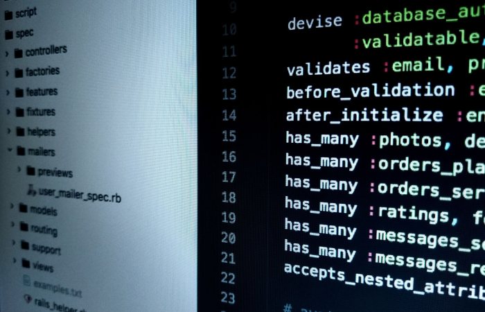 Detailed view of Ruby on Rails code highlighting software development intricacies.