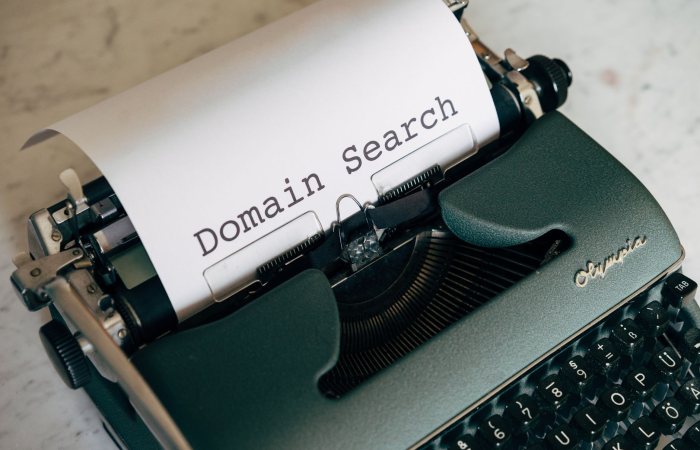 Close-up of a vintage typewriter with paper displaying 'Domain Search' text, ideal for retro themes.